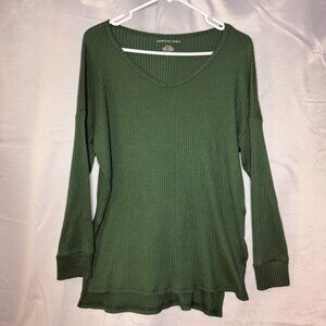 American Eagle Outfitters Ribbed V Neck Long Sleeve Shirt Green Size Medium